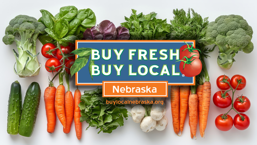 Buy Fresh Buy Local Nebraska Logo over top of an image of freshly picked produce