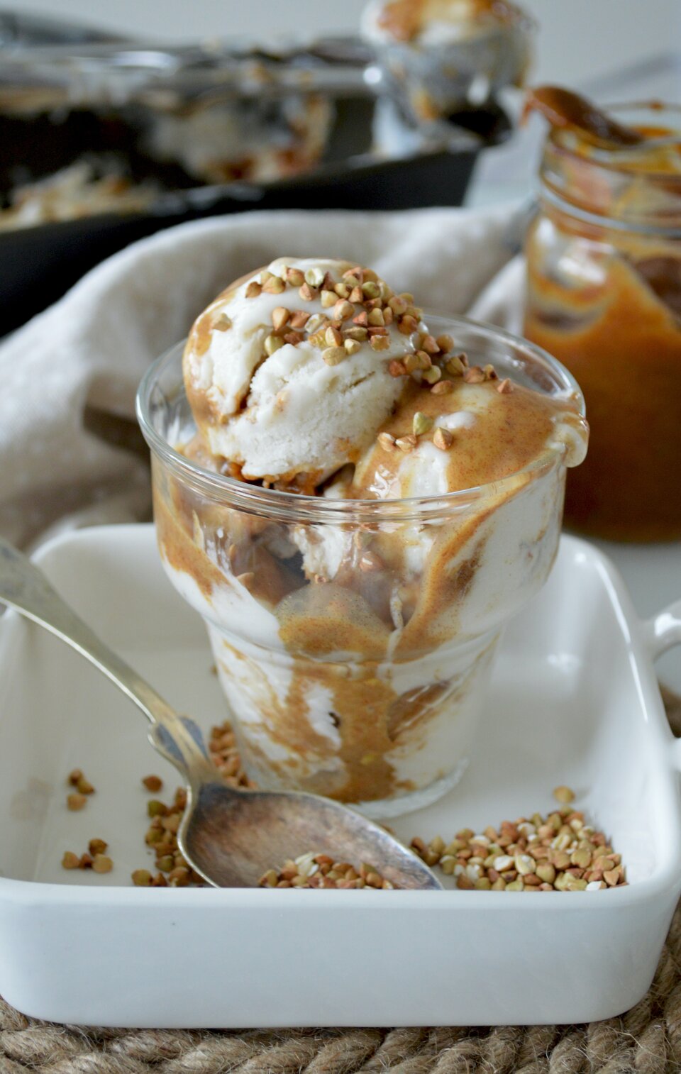 Ice cream covered in caramel